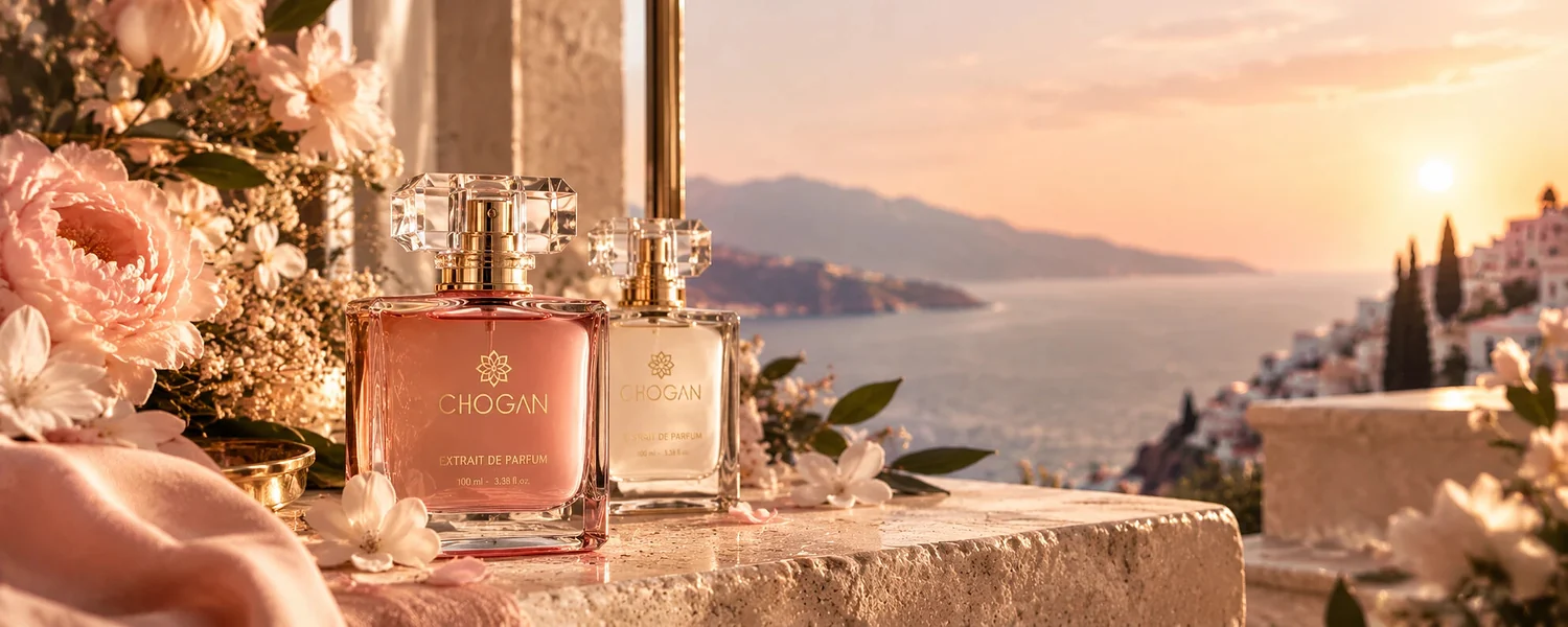 Flacons de parfum Chogan au coucher du soleil, face à la mer