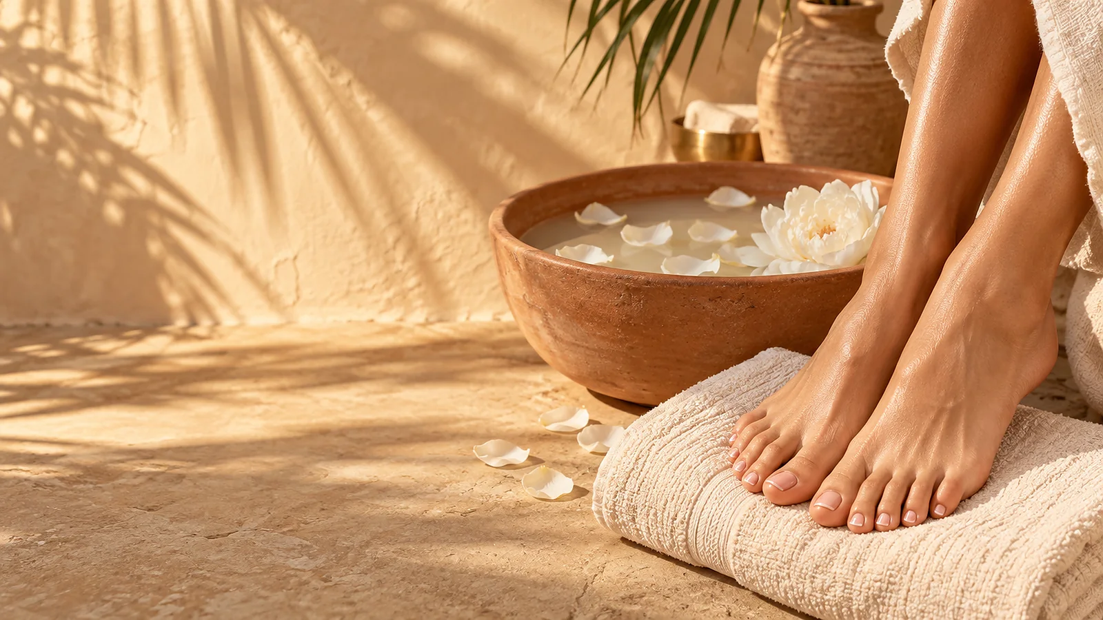 Pédicure soignée : pieds au vernis nude posés sur une serviette, bain de pieds aux pétales de fleurs, lumière dorée