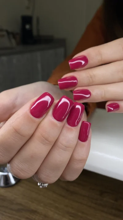 Vernis semi-permanent rouge framboise sur ongles amande