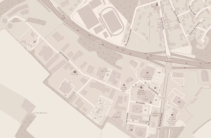Plan du quartier : l’institut se trouve rue Gutenberg, dans la salle L’Orange Bleue, près du centre commercial E.Leclerc